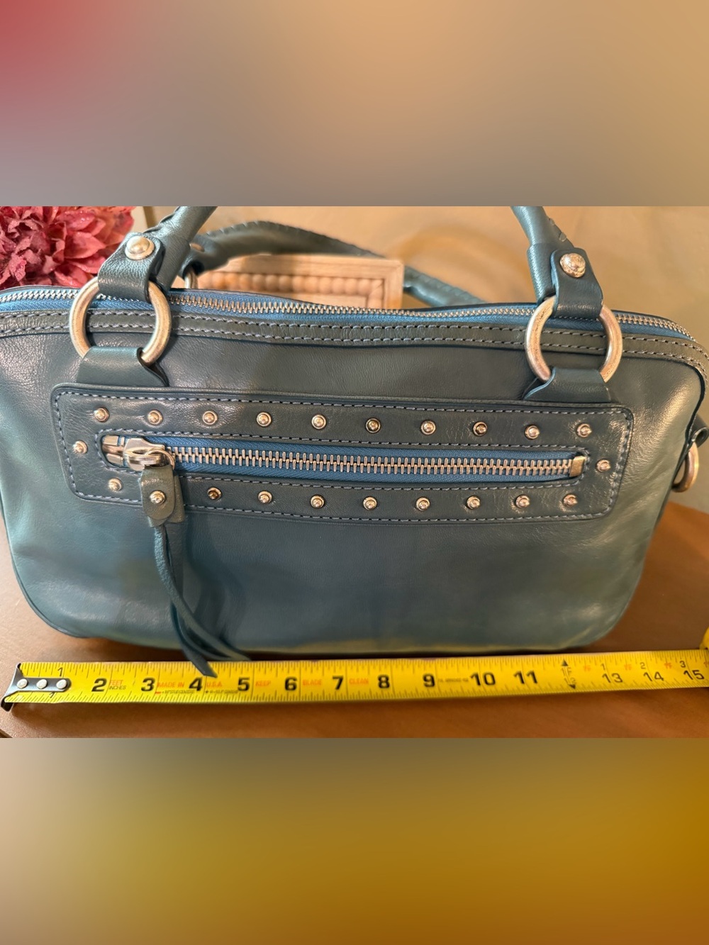 Michael Kors Vintage East West Teal Leather Shoulder Bag with Studded Zip Pocket - Picture 10 of 15